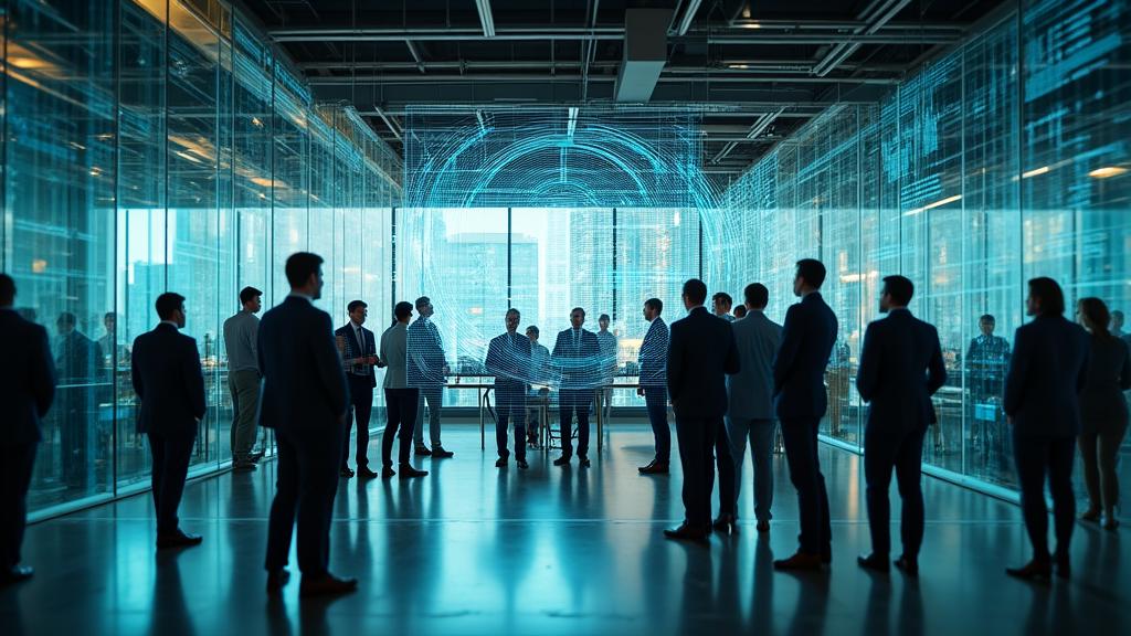Modern business team reviewing complex data analytics on high-tech screens