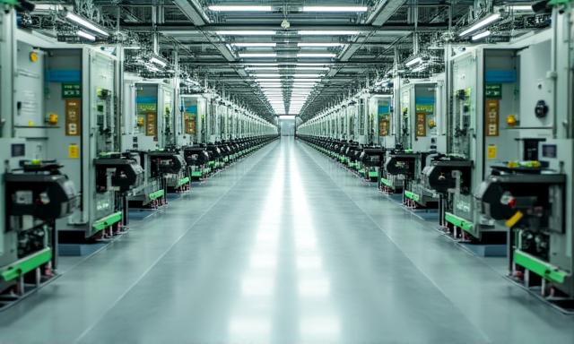 Modern industrial facility featuring clean floors and organized automated production lines