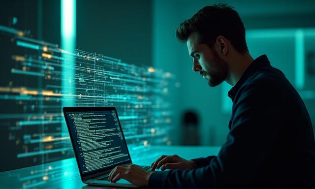 Professional using a laptop with a high-tech data overlay in a bright airy office environment